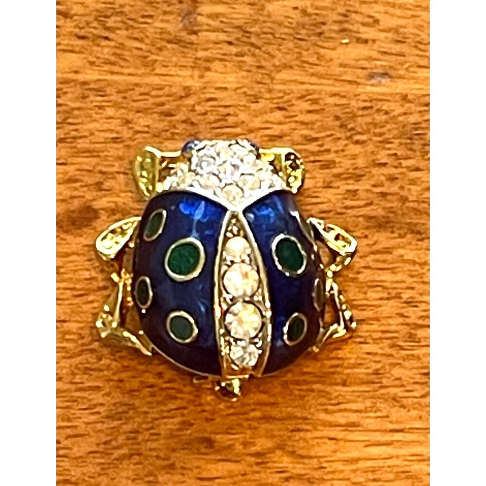 Vintage Rhinestone Ladybug Pin Brooch Goldtone 1" Mini Blue & Gold ~Unsigned
